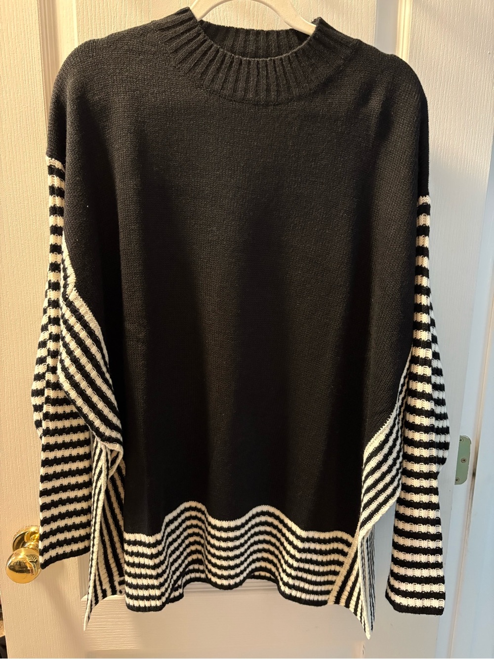 Black Crewneck Sweater with Black and White Striped Hem & Sleeves